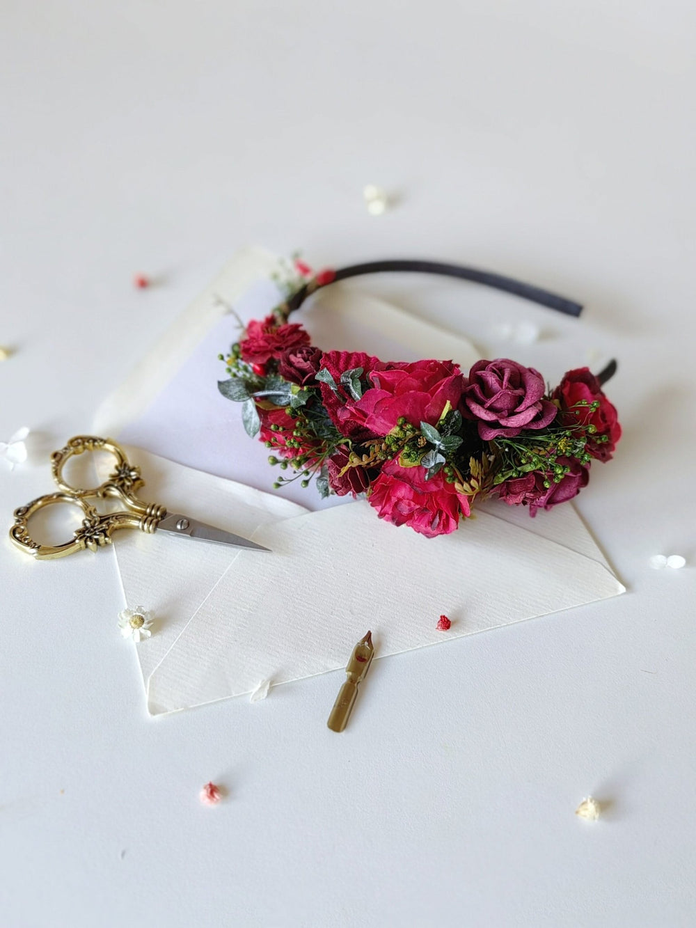 Red Flower Bridal Headband: Autumn Wedding Floral Headpiece – handmade floral hair accessory by magaela