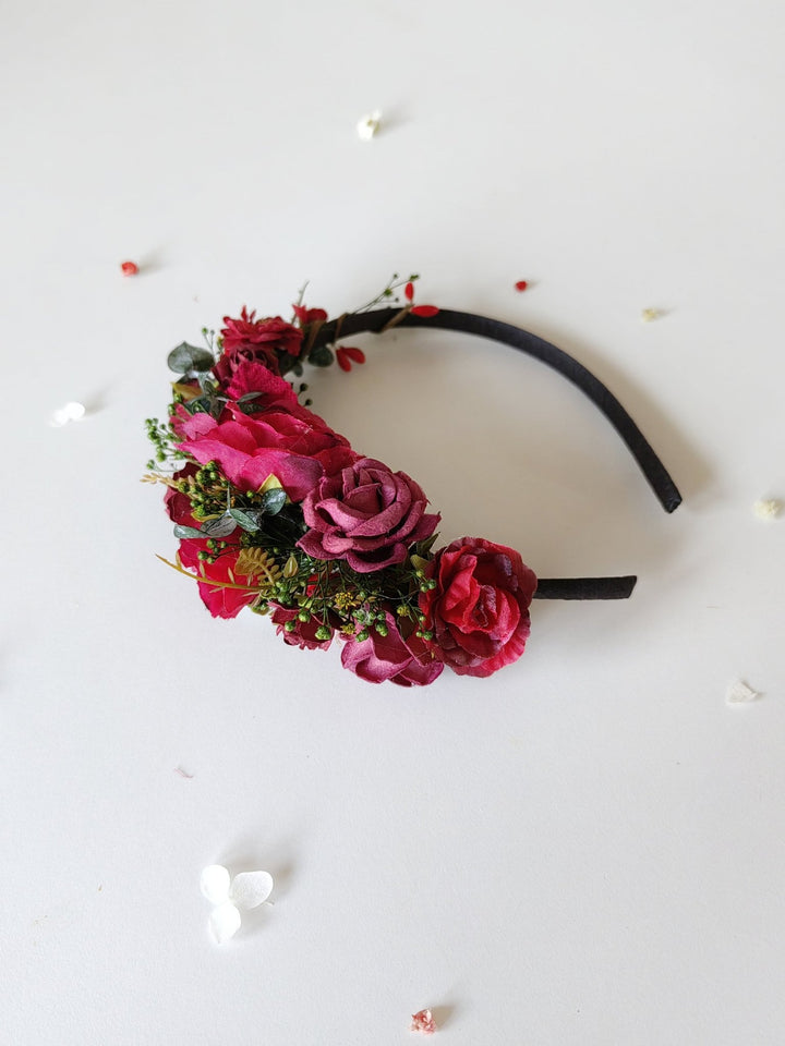 Red Flower Bridal Headband: Autumn Wedding Floral Headpiece – handmade floral hair accessory by magaela