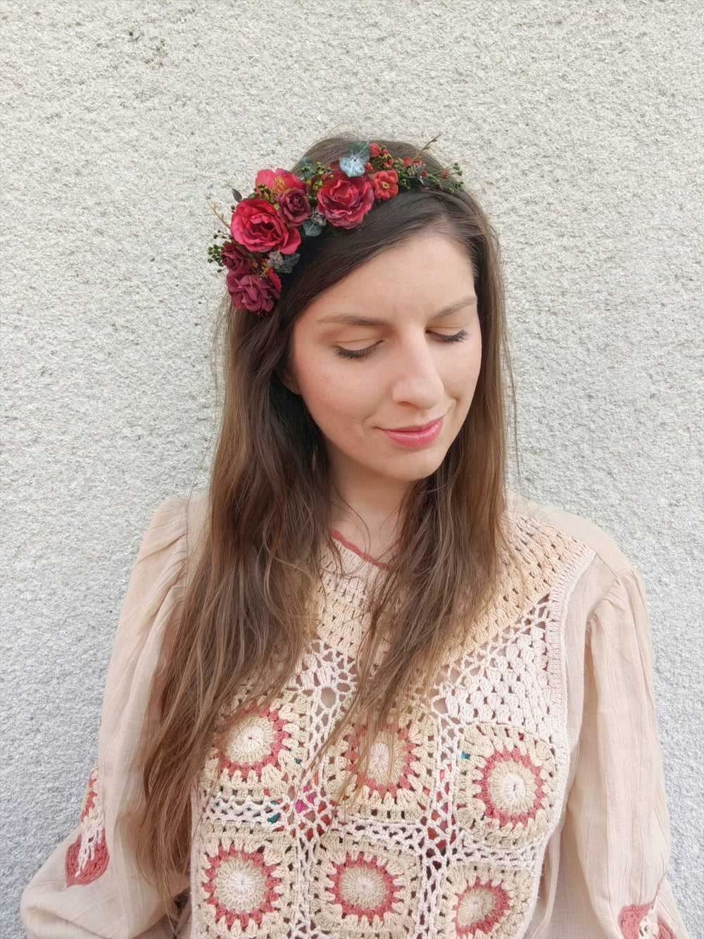 Red Flower Bridal Headband: Autumn Wedding Floral Headpiece – handmade floral hair accessory by magaela