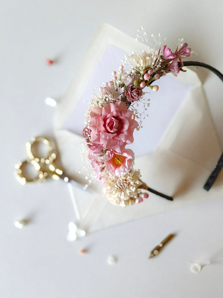 Romantic Pink Cream Flower Headband: Bridal Cottagecore Headpiece – handmade floral hair accessory by magaela