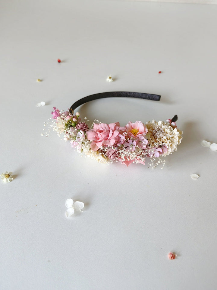 Romantic Pink Cream Flower Headband: Bridal Cottagecore Headpiece – handmade floral hair accessory by magaela