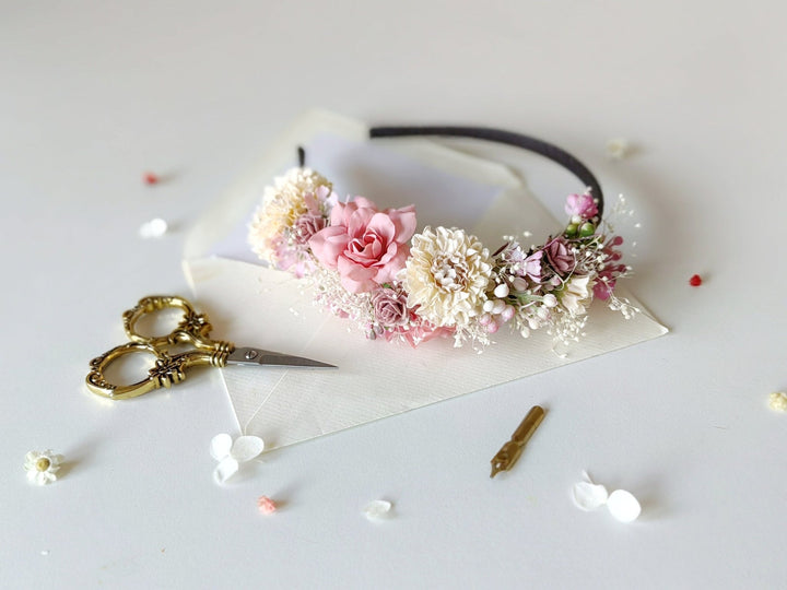 Romantic Pink Cream Flower Headband: Bridal Cottagecore Headpiece – handmade floral hair accessory by magaela