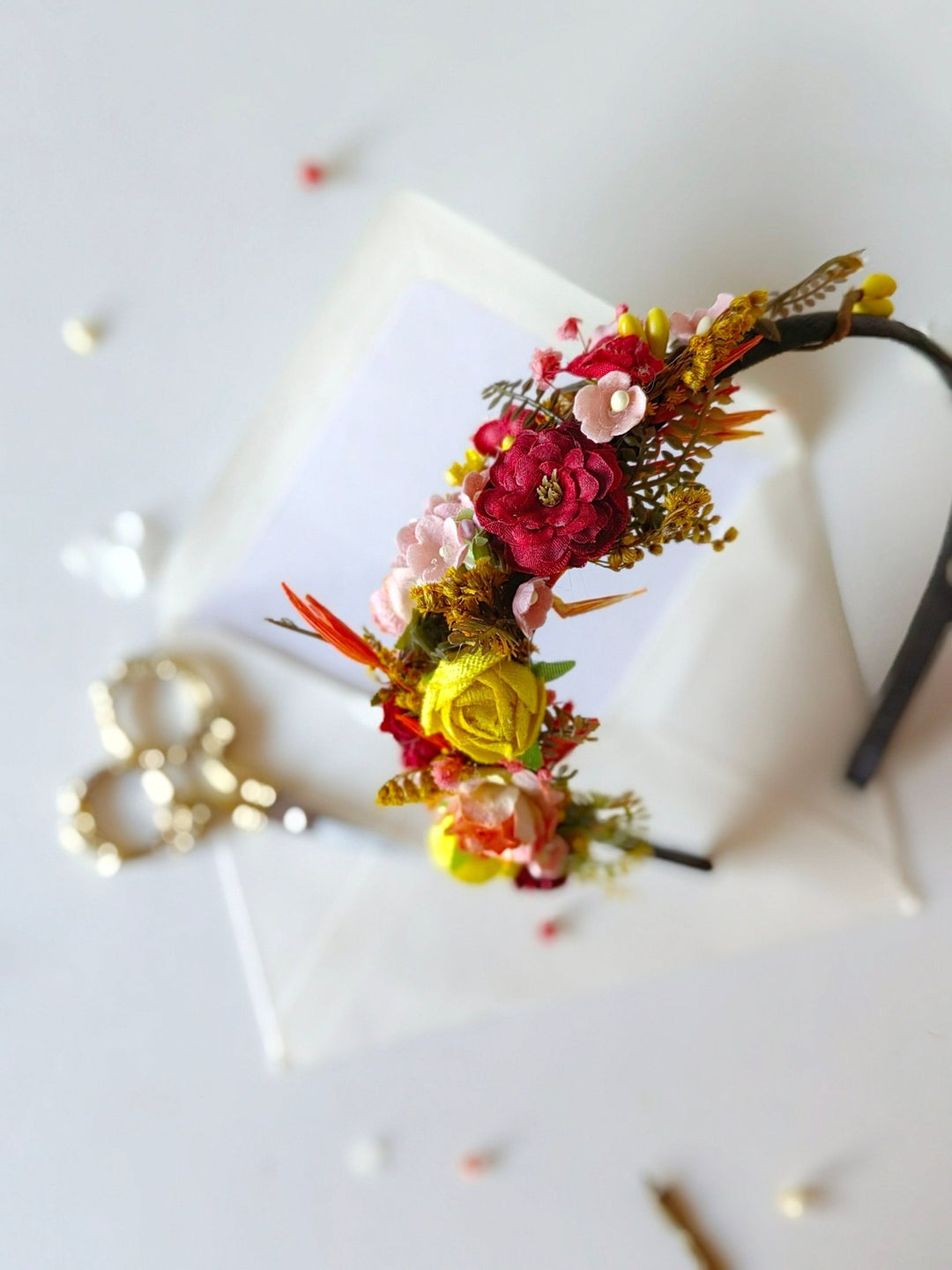 Autumn Flower Headband: Red & Yellow Bridal Headpiece – handmade floral hair accessory by magaela