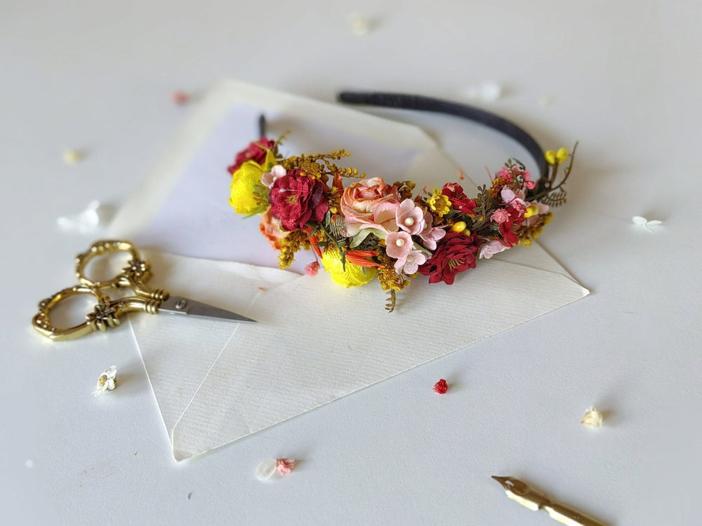 Autumn Flower Headband: Red & Yellow Bridal Headpiece – handmade floral hair accessory by magaela