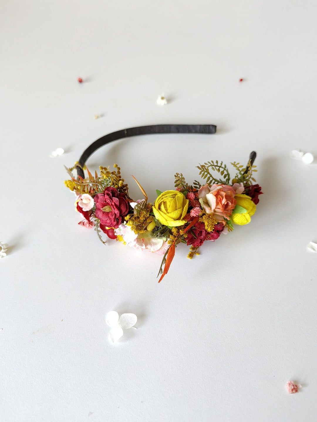 Autumn Flower Headband: Red & Yellow Bridal Headpiece – handmade floral hair accessory by magaela