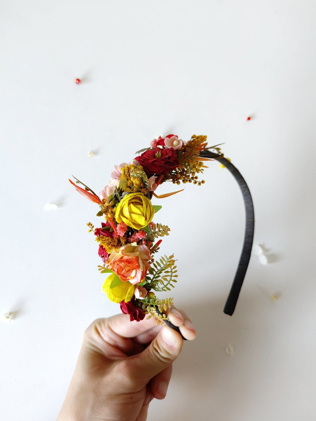 Autumn Flower Headband: Red & Yellow Bridal Headpiece – handmade floral hair accessory by magaela