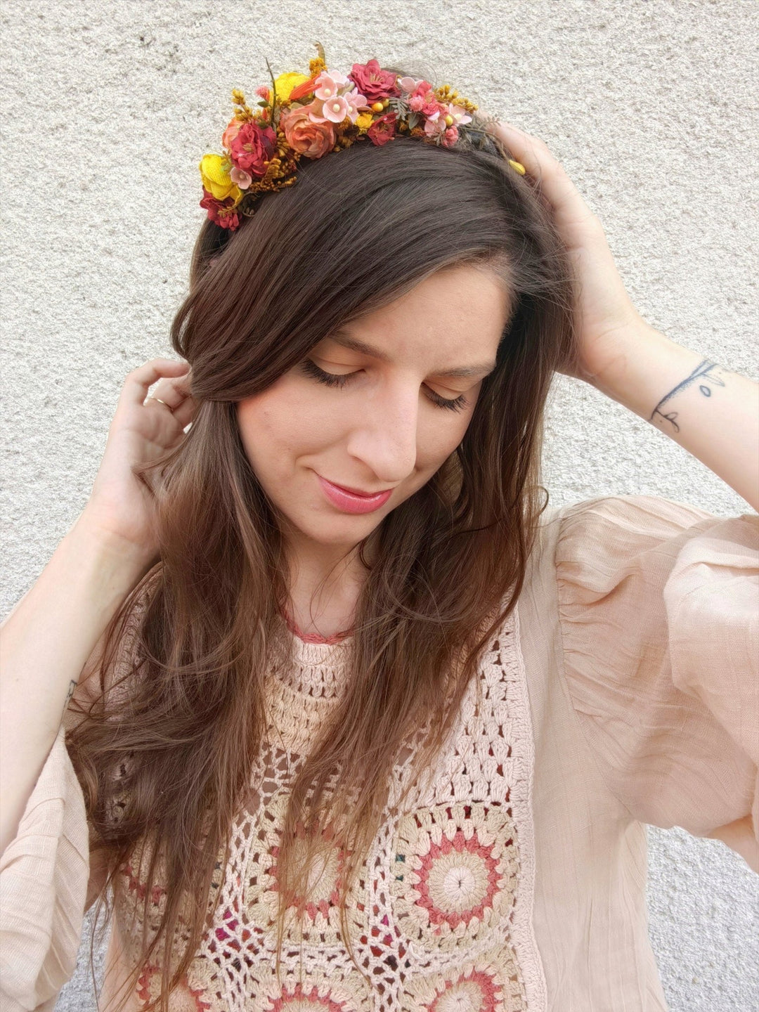 Autumn Flower Headband: Red & Yellow Bridal Headpiece – handmade floral hair accessory by magaela