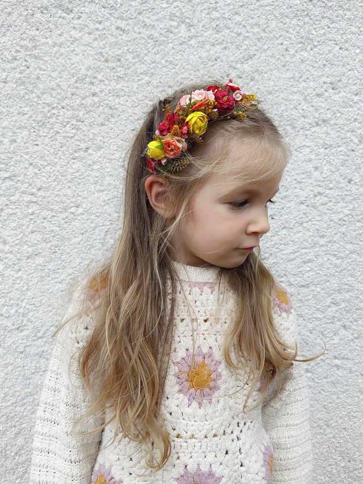Autumn Flower Headband: Red & Yellow Bridal Headpiece – handmade floral hair accessory by magaela
