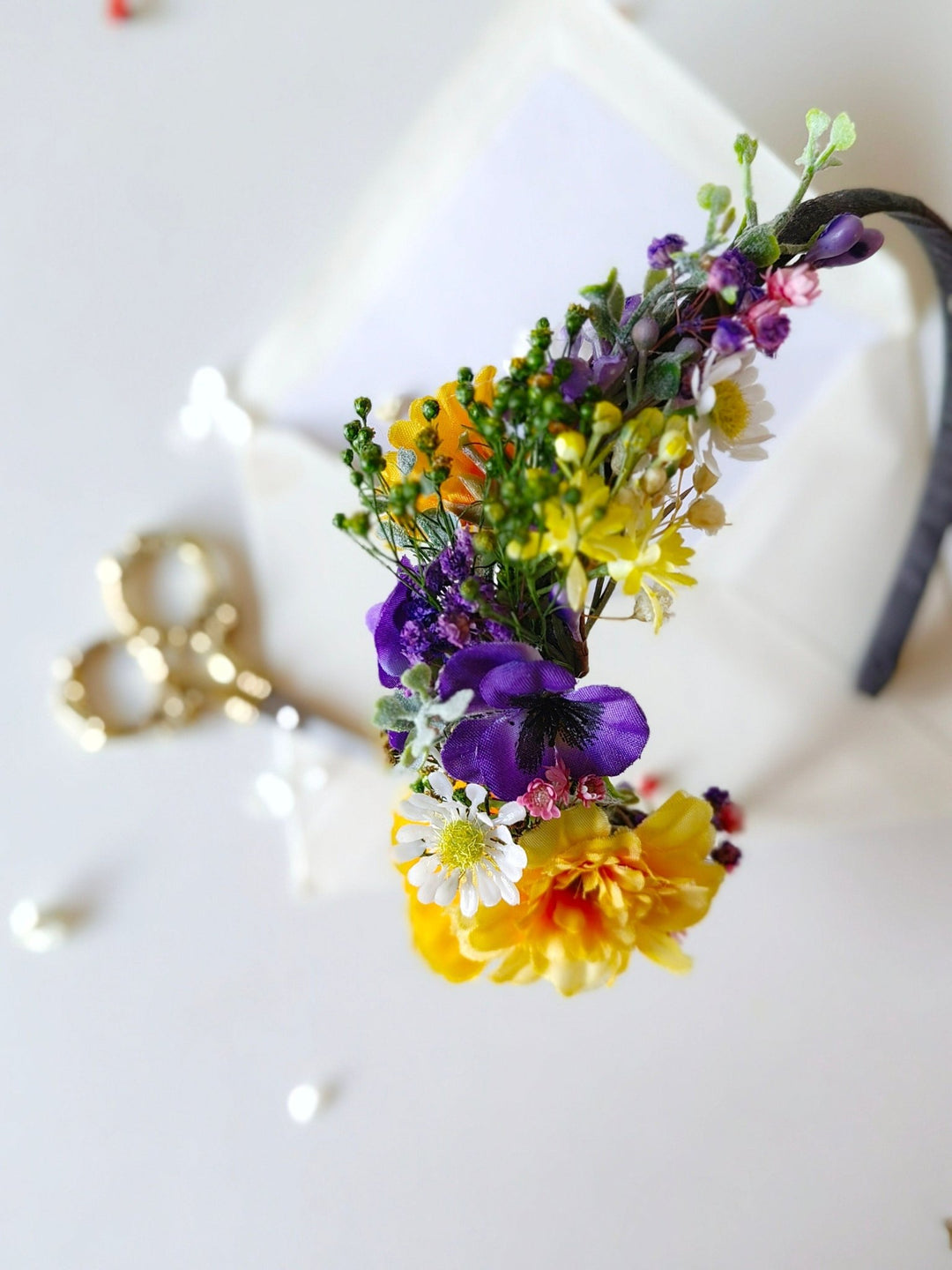 Purple and Yellow Floral Headband: Garden Wedding Bridal Headpiece – handmade floral hair accessory by magaela