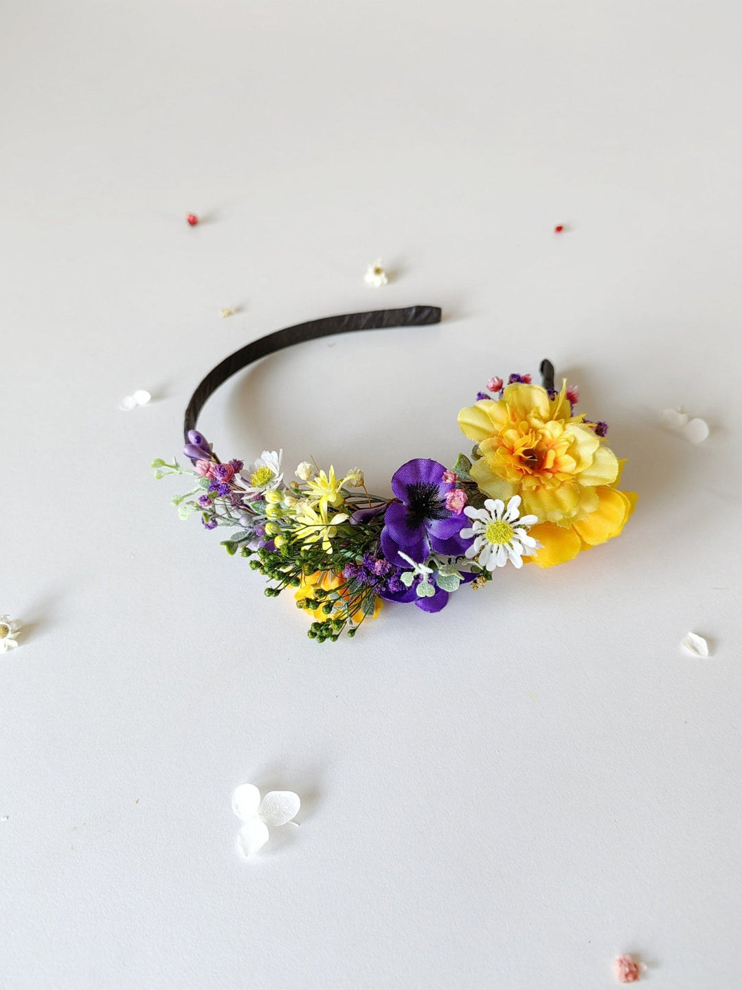 Purple and Yellow Floral Headband: Garden Wedding Bridal Headpiece – handmade floral hair accessory by magaela