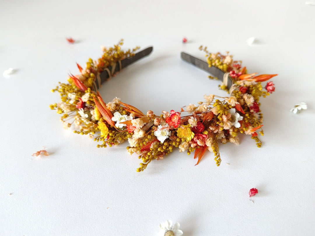 Rustic Autumn Wedding Headband: Preserved Burnt Orange Flowers – handmade floral hair accessory by magaela