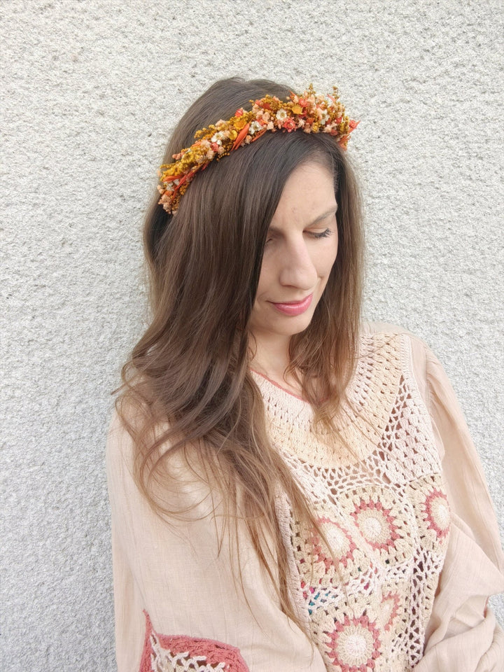 Rustic Autumn Wedding Headband: Preserved Burnt Orange Flowers – handmade floral hair accessory by magaela