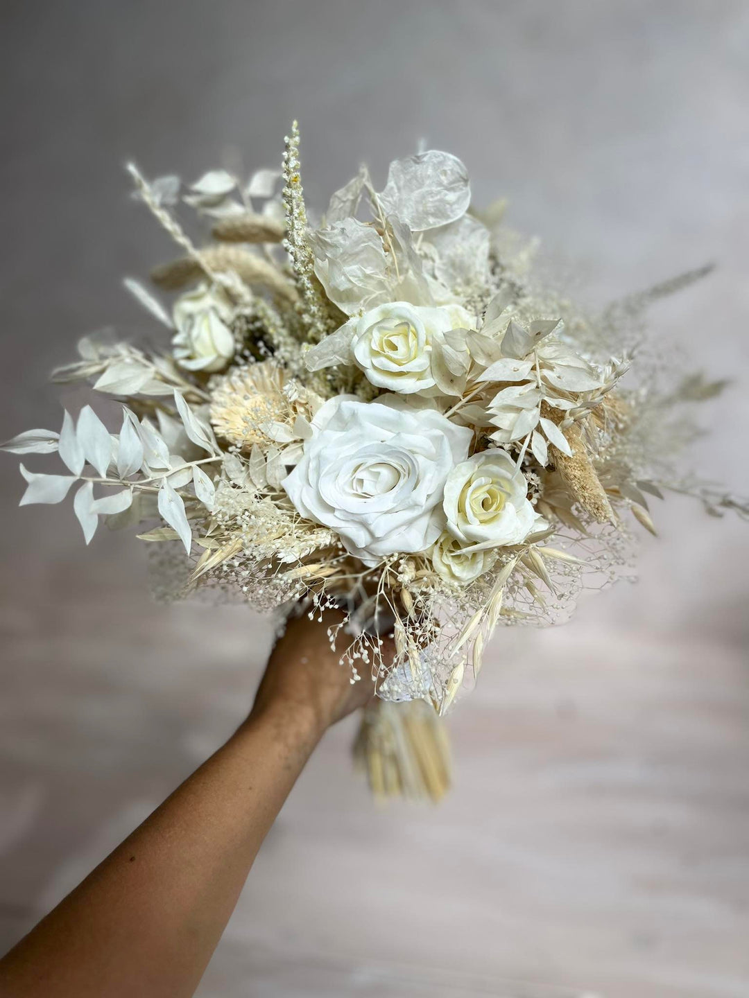 White Boho Wedding Bouquet: Preserved & Fabric Flowers – handmade floral hair accessory by magaela