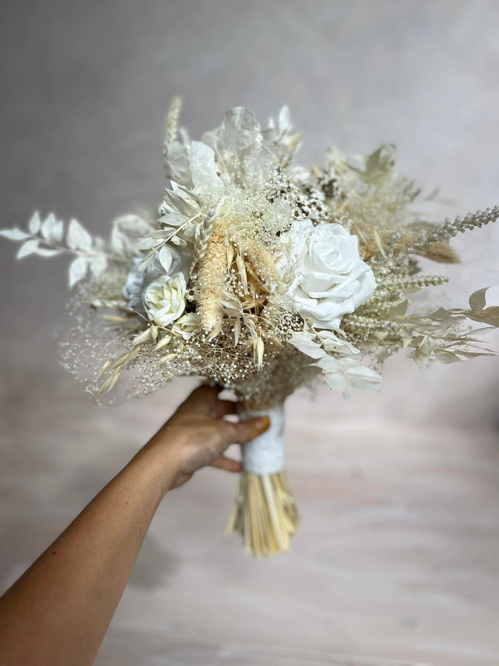 White Boho Wedding Bouquet: Preserved & Fabric Flowers – handmade floral hair accessory by magaela