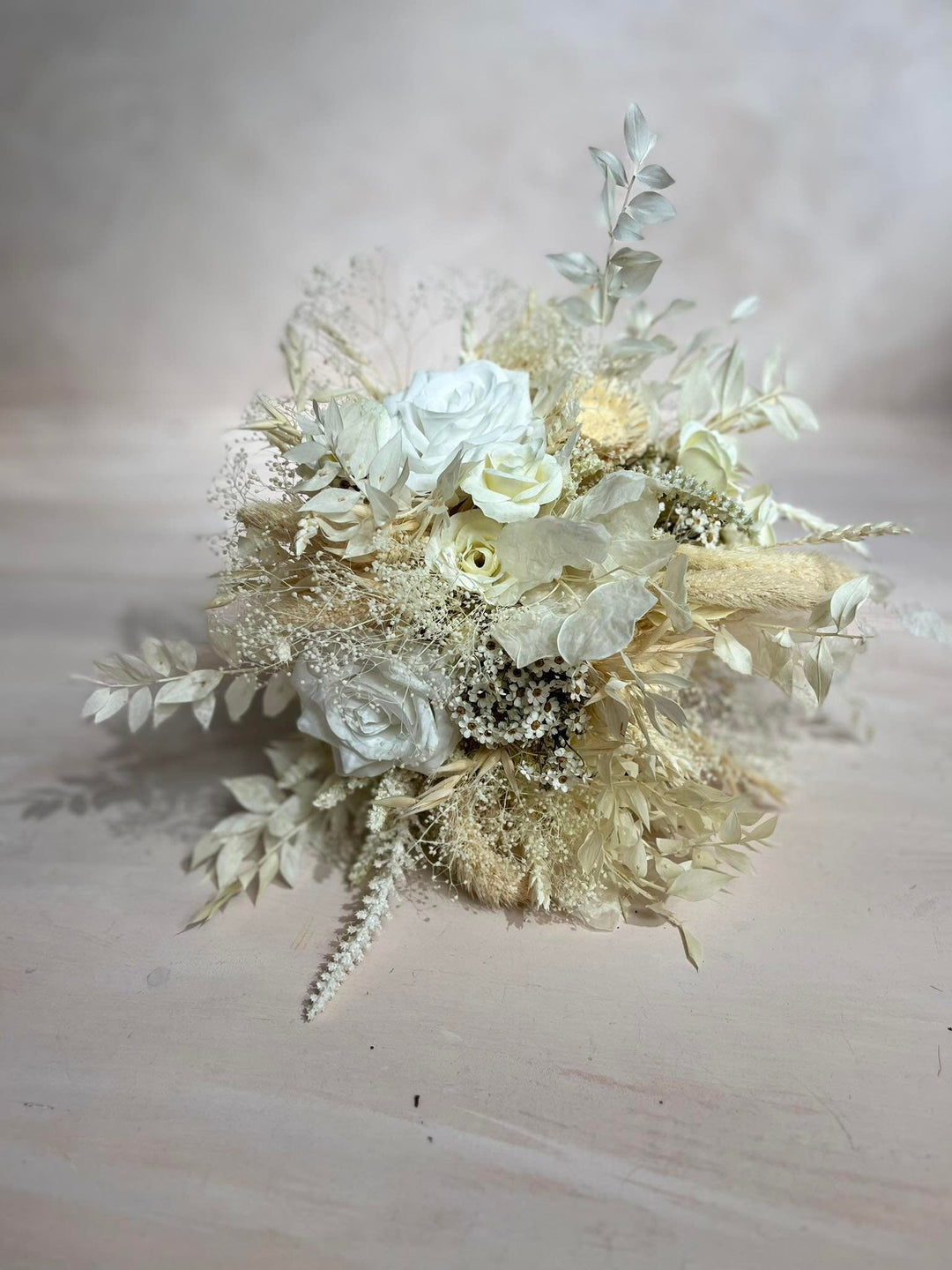 White Boho Wedding Bouquet: Preserved & Fabric Flowers – handmade floral hair accessory by magaela