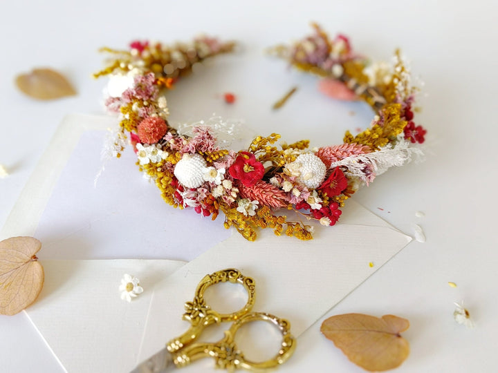 Boho Autumn Flower Half Wreath: Rustic Bridal Headpiece – handmade floral hair accessory by magaela