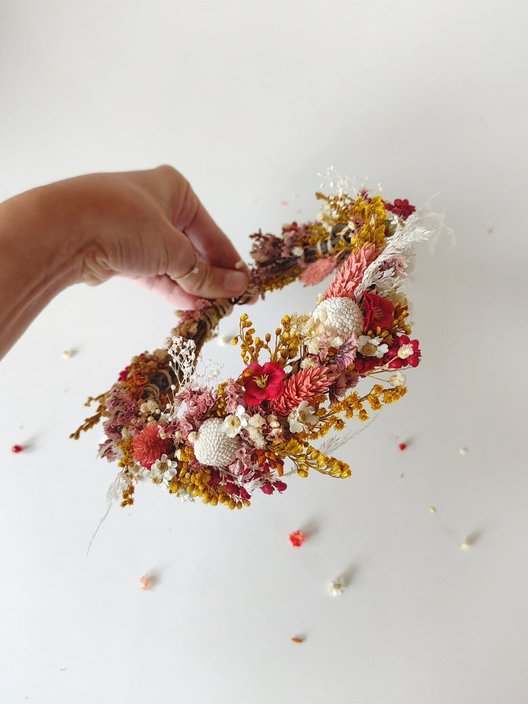 Boho Autumn Flower Half Wreath: Rustic Bridal Headpiece – handmade floral hair accessory by magaela