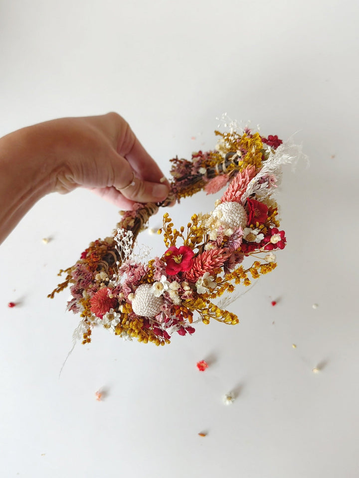 Boho Autumn Flower Half Wreath: Rustic Bridal Headpiece – handmade floral hair accessory by magaela