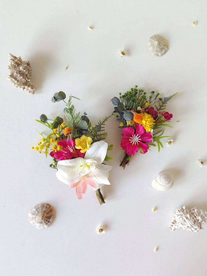 Tropical Wedding Flower Accessory Set: Plumeria Hair Comb & Boutonniere – handmade floral hair accessory by magaela