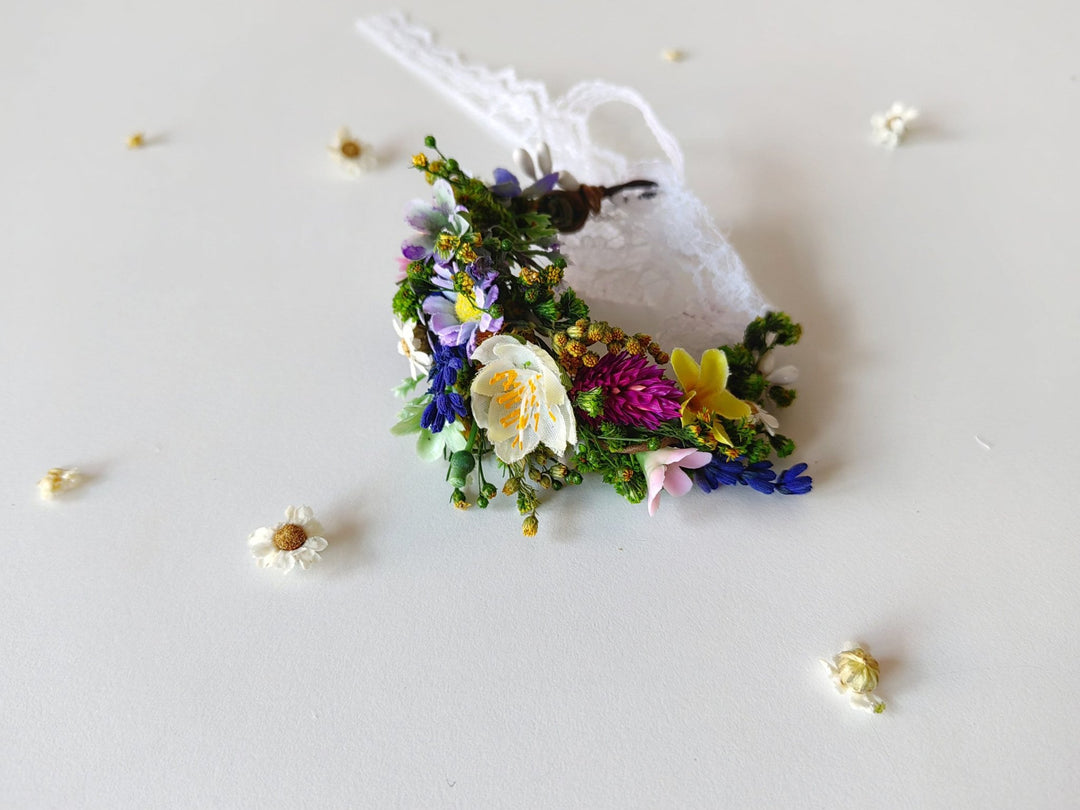 Wildflower Corsage Bracelet: Meadow Wedding Wrist Ribbon – handmade floral hair accessory by magaela