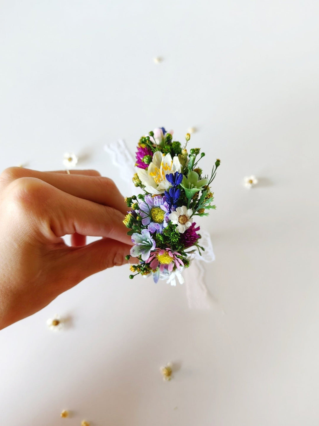 Wildflower Corsage Bracelet: Meadow Wedding Wrist Ribbon – handmade floral hair accessory by magaela