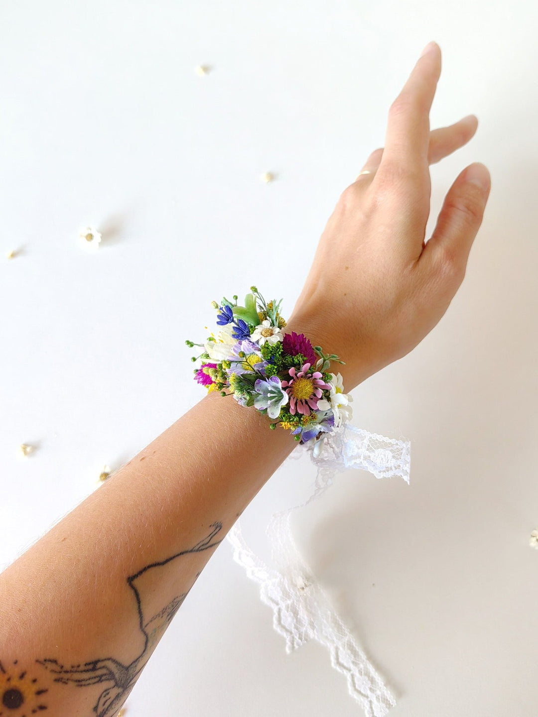 Wildflower Corsage Bracelet: Meadow Wedding Wrist Ribbon – handmade floral hair accessory by magaela