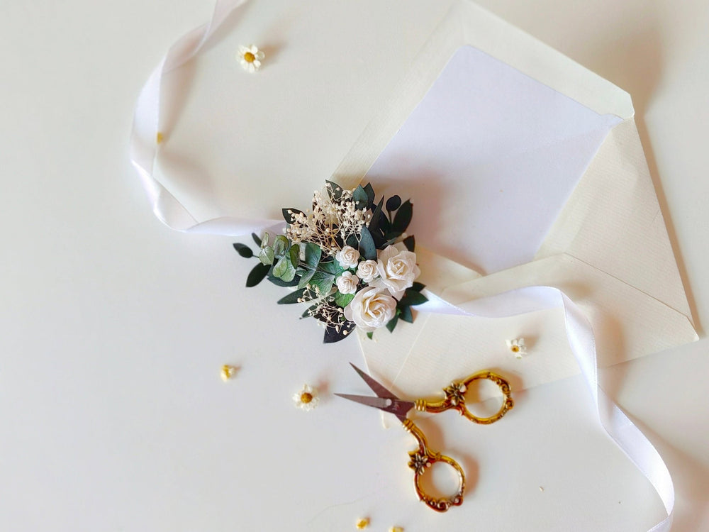 White Rose Eucalyptus Bracelet: Greenery Wedding Wrist Corsage – handmade floral hair accessory by magaela