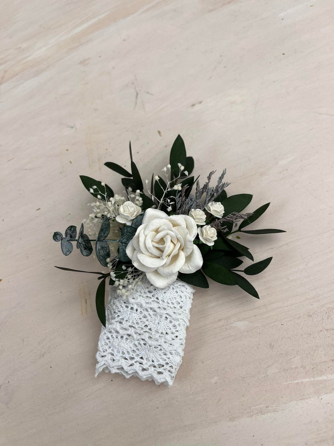 Eucalyptus & White Rose Boutonniere: Romantic Pocket Square Lapel – handmade floral hair accessory by magaela