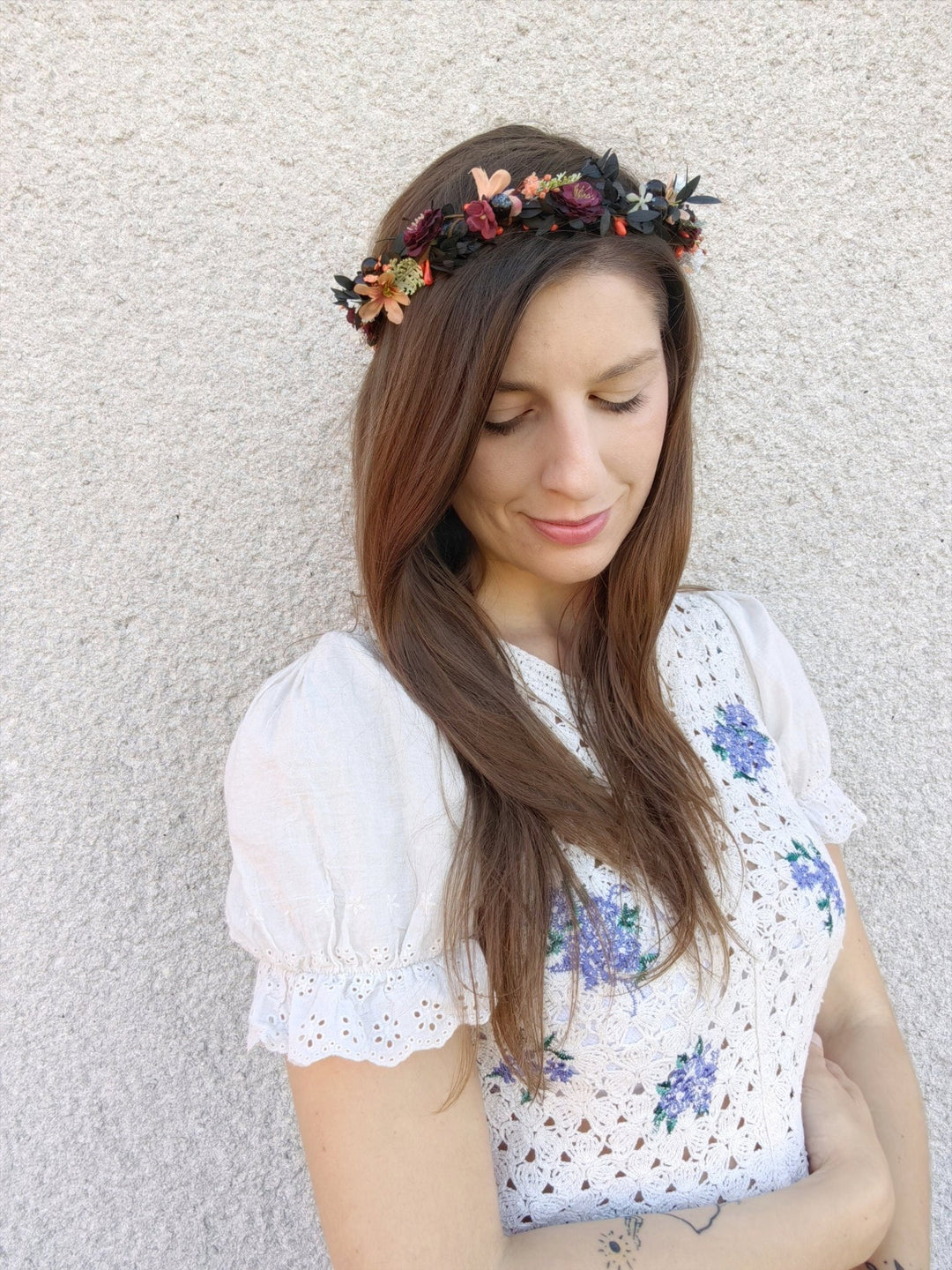 Autumn Flower Hair Wreath: Woodland Wedding Headpiece with Blueberries – handmade floral hair accessory by magaela