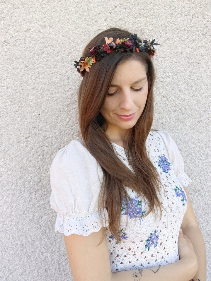 Autumn Flower Hair Wreath: Woodland Wedding Headpiece with Blueberries – handmade floral hair accessory by magaela