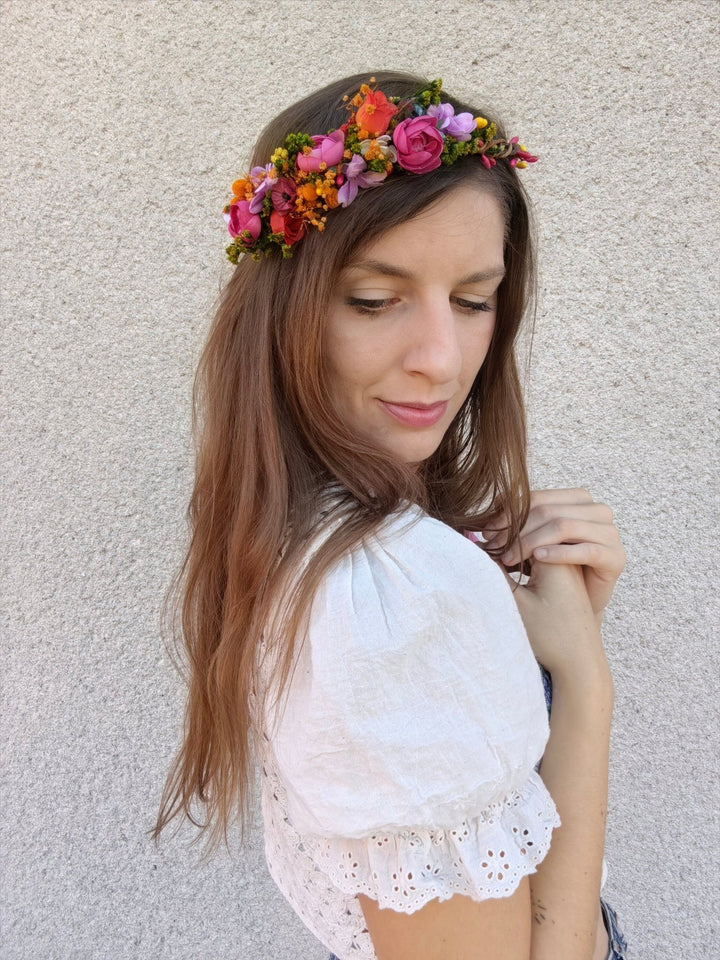Magenta Flower Half Wreath: Boho Wedding Headpiece – handmade floral hair accessory by magaela