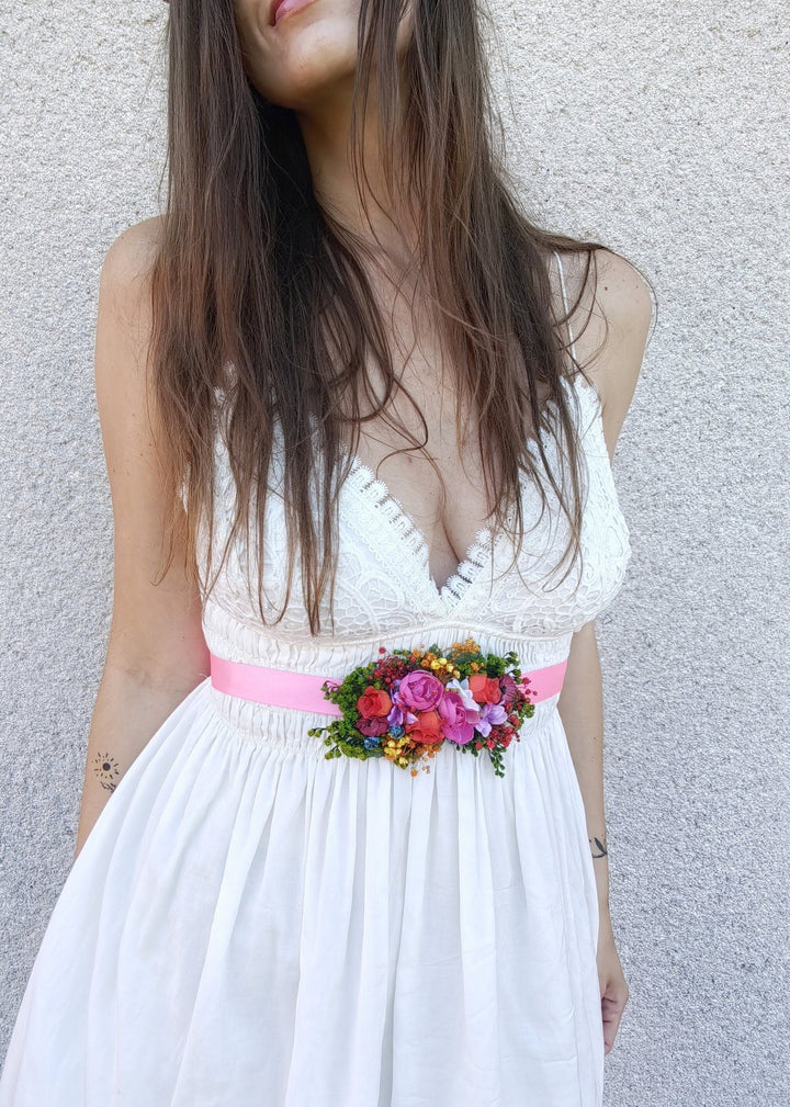 Magenta Floral Bridal Belt: Boho Wedding Flower Sash – handmade floral hair accessory by magaela