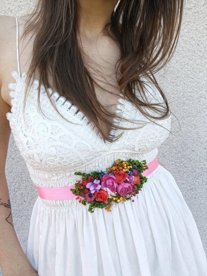 Magenta Floral Bridal Belt: Boho Wedding Flower Sash – handmade floral hair accessory by magaela
