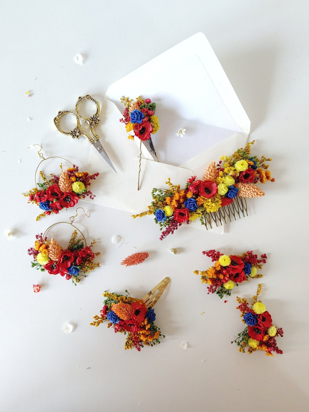 Folk Wedding Flower Set: Poppy Hair Comb, Earrings & Shoe Clips – handmade floral hair accessory by magaela