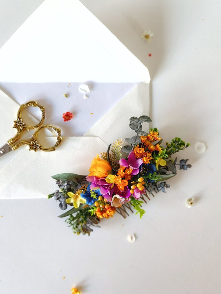 Colorful Flower Bridal Jewelry Set: Meadow Wedding Hair Comb, Earrings, Shoe Clips – handmade floral hair accessory by magaela