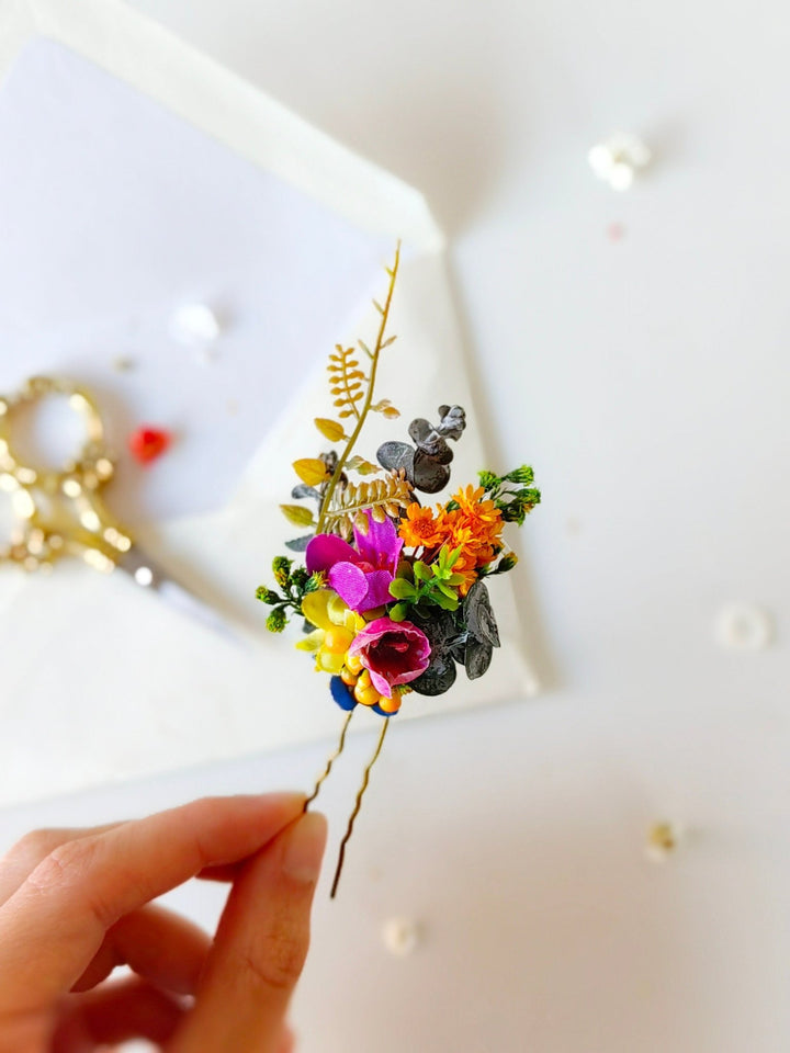 Colorful Flower Bridal Jewelry Set: Meadow Wedding Hair Comb, Earrings, Shoe Clips – handmade floral hair accessory by magaela