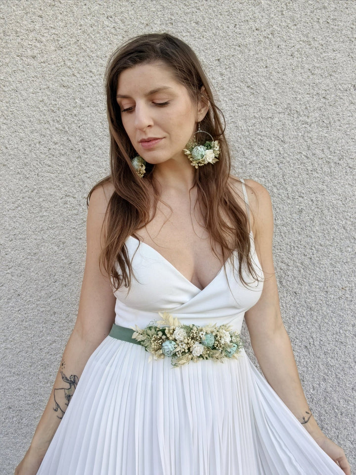 Mint Cream Flower Bridal Set: Rustic Cottagecore Wedding Accessories – handmade floral hair accessory by magaela