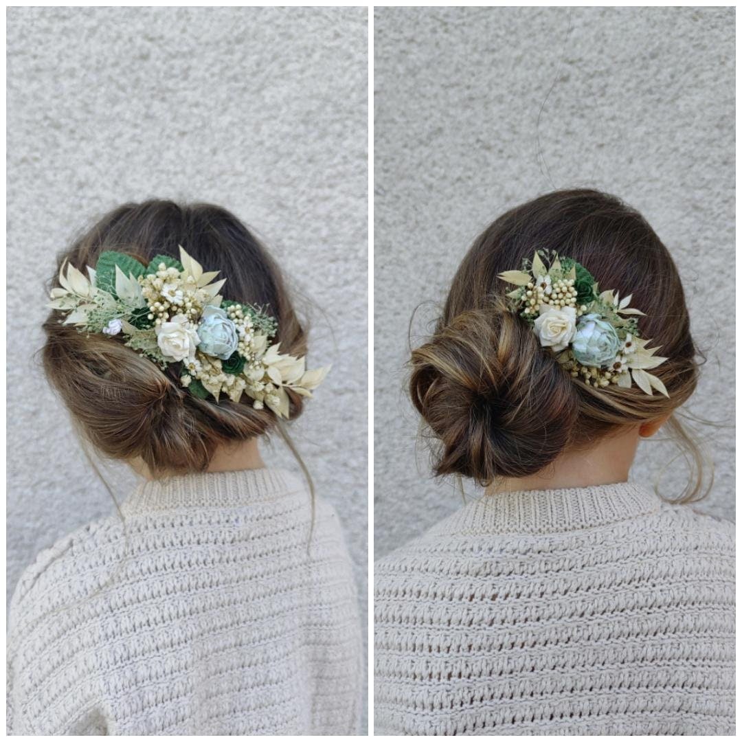 Mint Cream Flower Bridal Set: Rustic Cottagecore Wedding Accessories – handmade floral hair accessory by magaela