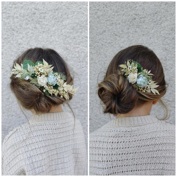 Mint Cream Flower Bridal Set: Rustic Cottagecore Wedding Accessories – handmade floral hair accessory by magaela