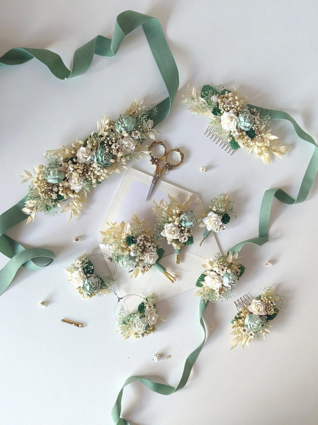 Mint Cream Flower Bridal Set: Rustic Cottagecore Wedding Accessories – handmade floral hair accessory by magaela