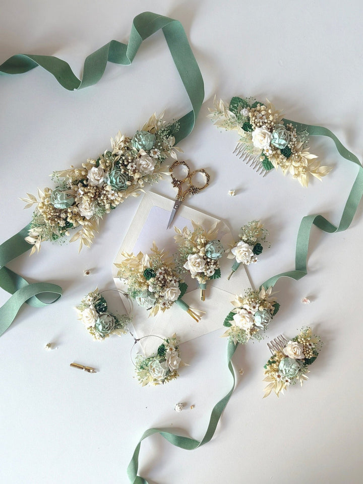 Mint Cream Flower Bridal Set: Rustic Cottagecore Wedding Accessories – handmade floral hair accessory by magaela