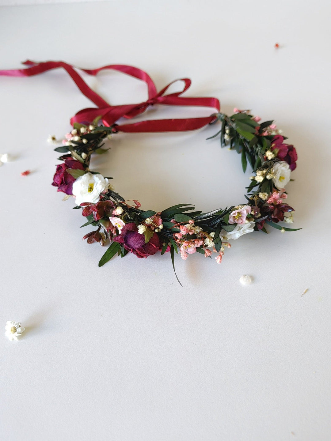 Burgundy Flower Half Wreath: Autumn Wedding Bridal Headpiece – handmade floral hair accessory by magaela