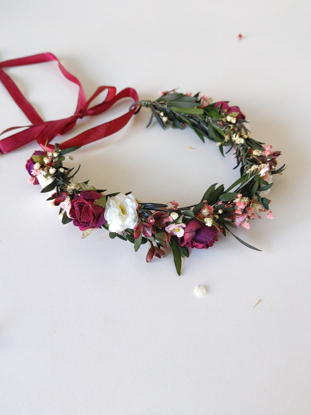 Burgundy Flower Half Wreath: Autumn Wedding Bridal Headpiece – handmade floral hair accessory by magaela