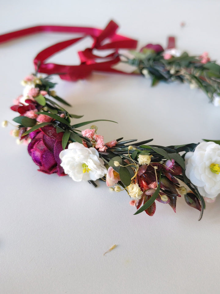 Burgundy Flower Half Wreath: Autumn Wedding Bridal Headpiece – handmade floral hair accessory by magaela