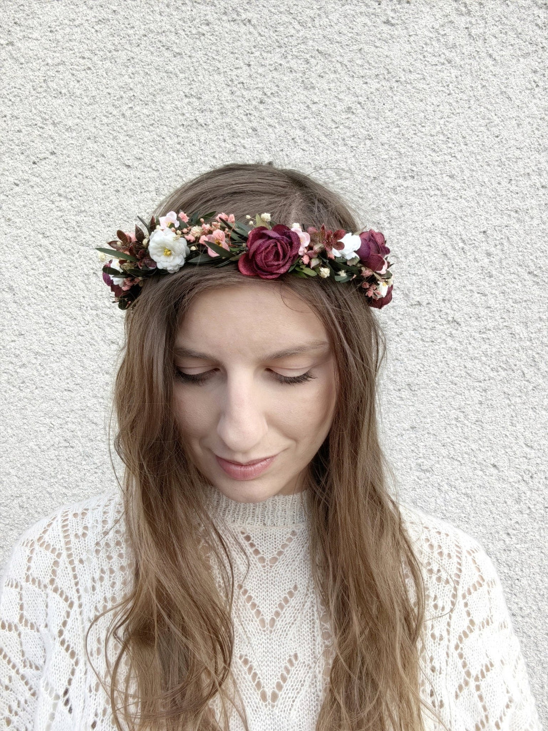 Burgundy Flower Half Wreath: Autumn Wedding Bridal Headpiece – handmade floral hair accessory by magaela