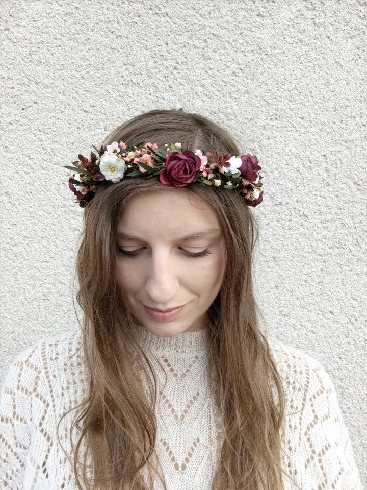 Burgundy Flower Half Wreath: Autumn Wedding Bridal Headpiece – handmade floral hair accessory by magaela