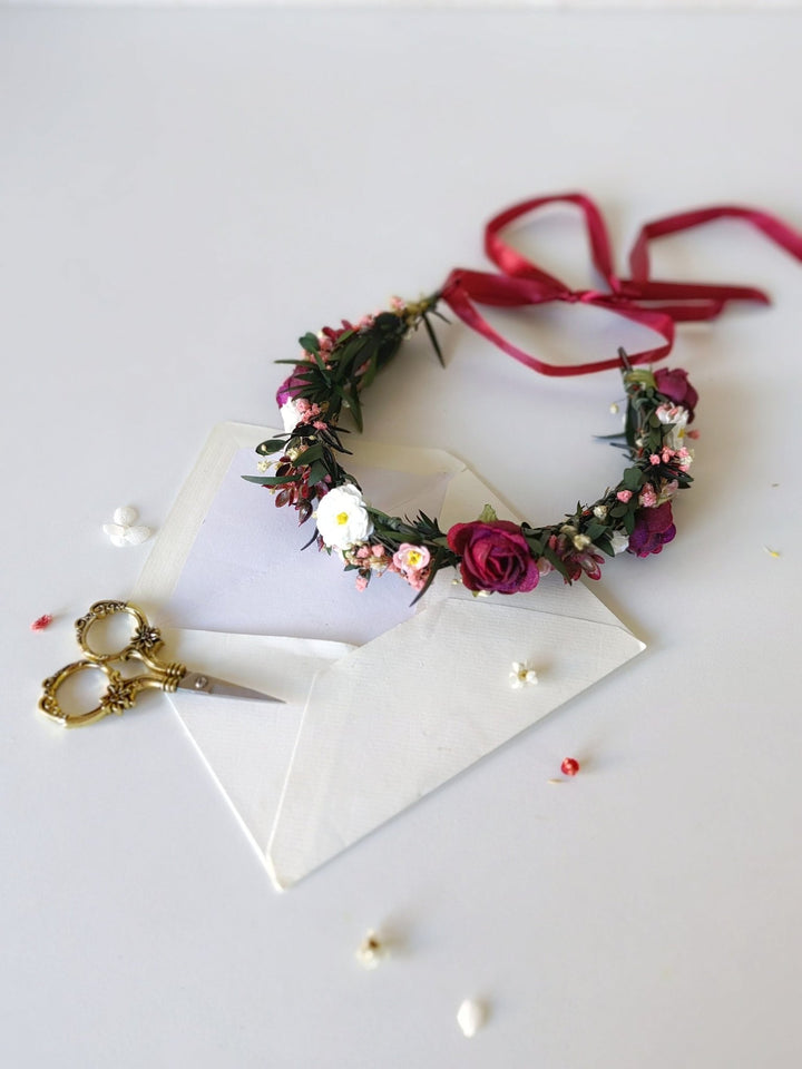 Burgundy Flower Half Wreath: Autumn Wedding Bridal Headpiece – handmade floral hair accessory by magaela