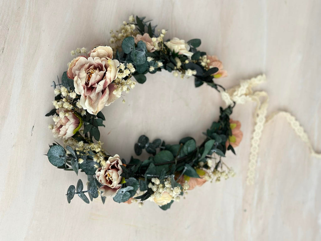 Pastel Eucalyptus Wedding Hair Wreath: Blush Bridal Flower Crown – handmade floral hair accessory by magaela