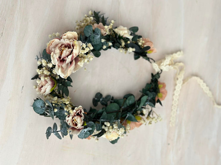 Pastel Eucalyptus Wedding Hair Wreath: Blush Bridal Flower Crown – handmade floral hair accessory by magaela
