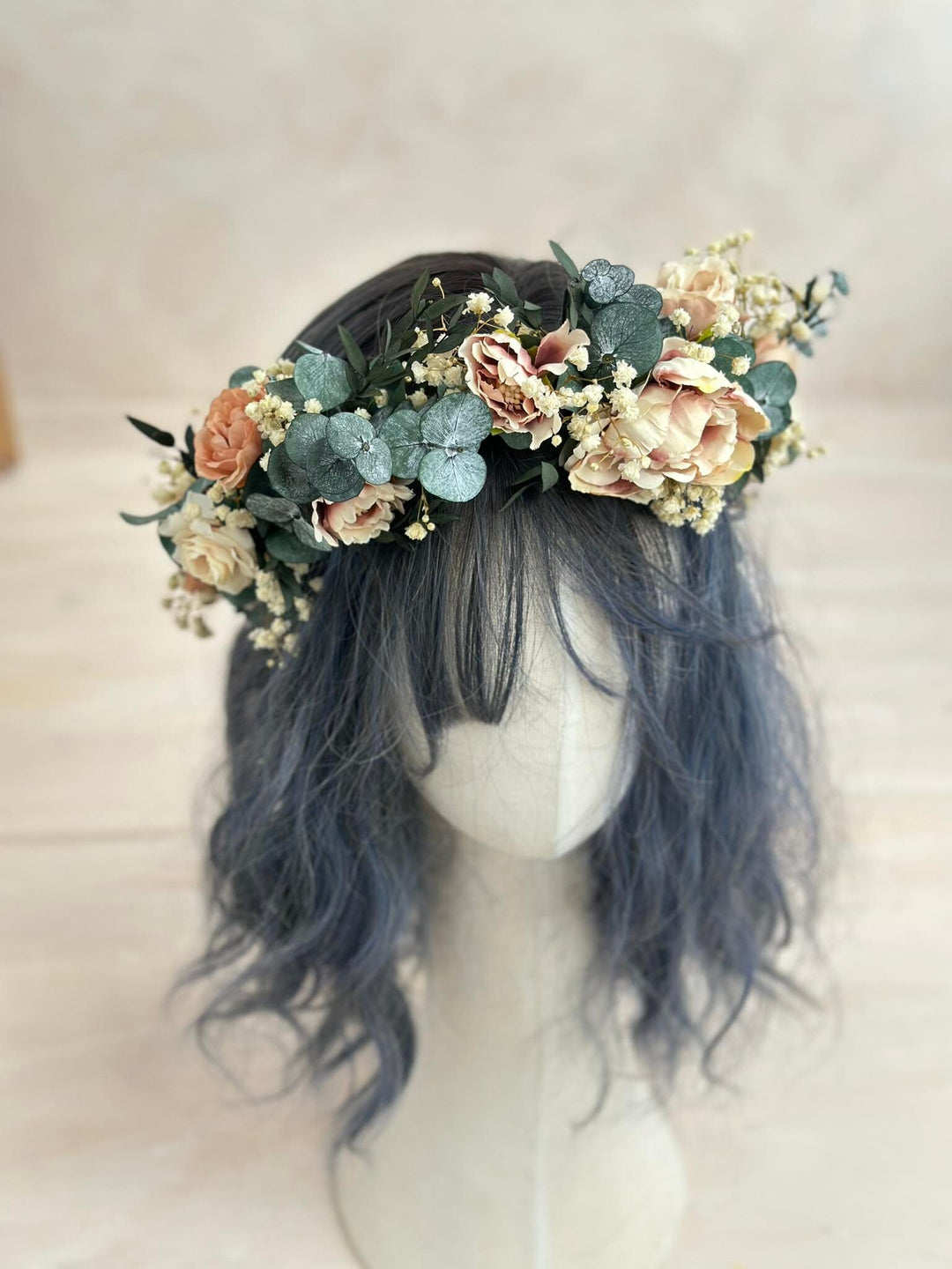 Pastel Eucalyptus Wedding Hair Wreath: Blush Bridal Flower Crown – handmade floral hair accessory by magaela